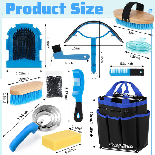 Abbylike 12-Piece Horse Grooming Kit with Organizer Tote Bag – Equine Care Set (Blue)