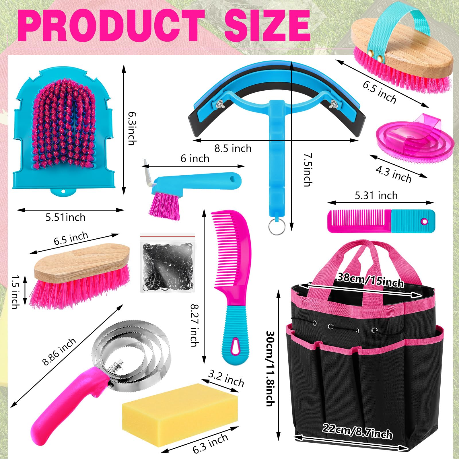 Abbylike 12-Piece Horse Grooming Kit with Organizer Tote Rose Red