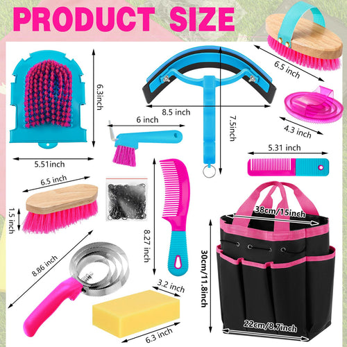 Abbylike 12-Piece Horse Grooming Kit with Organizer Tote Rose Red