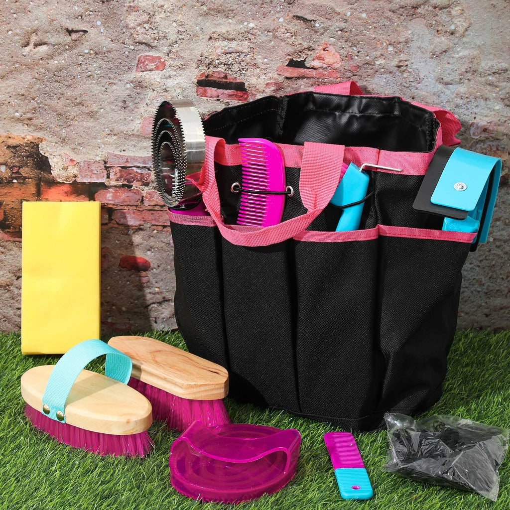 Abbylike 12-Piece Horse Grooming Kit with Organizer Tote Rose Red