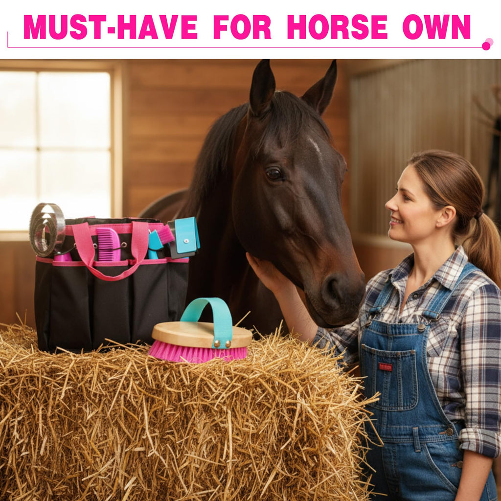 Abbylike 12-Piece Horse Grooming Kit with Organizer Tote Rose Red