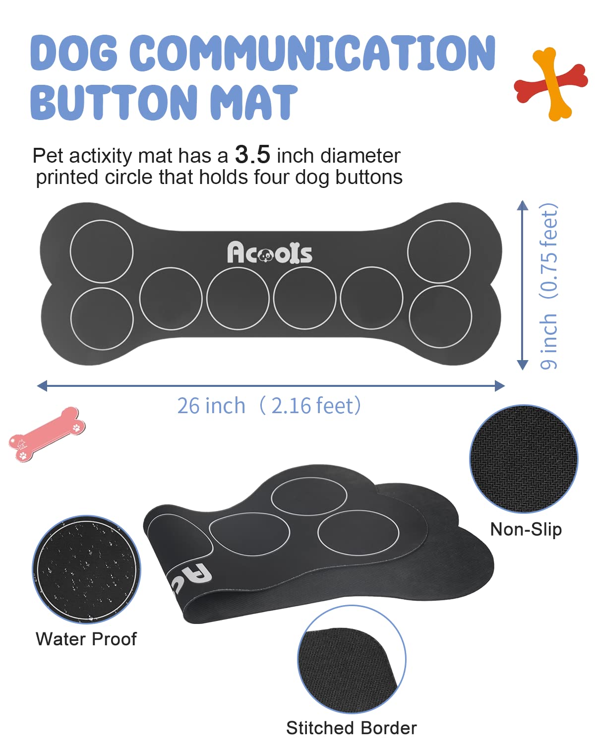 Acools Dog Buttons for Communication — 8-Piece Talking Button Set, 30s Recordable Audio, Waterproof Mat, 48 Stickers