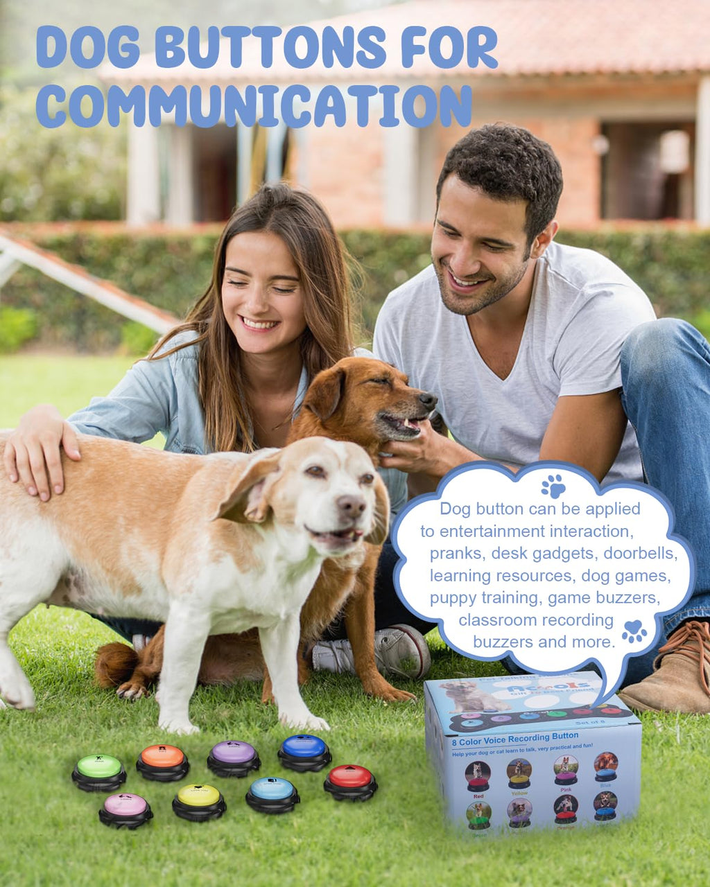 Acools Dog Buttons for Communication — 8-Piece Talking Button Set, 30s Recordable Audio, Waterproof Mat, 48 Stickers