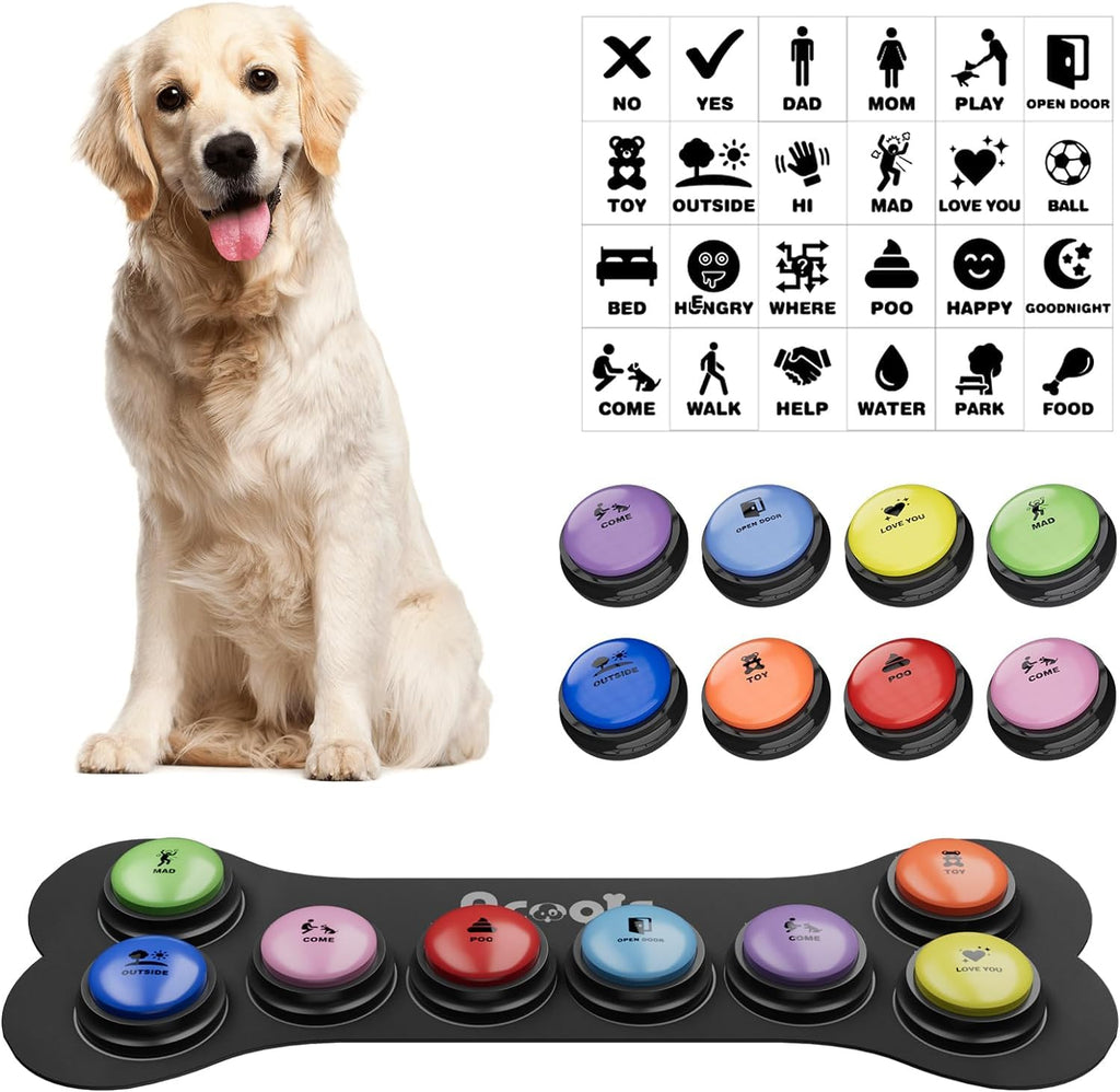 Acools Dog Buttons for Communication — 8-Piece Talking Button Set, 30s Recordable Audio, Waterproof Mat, 48 Stickers