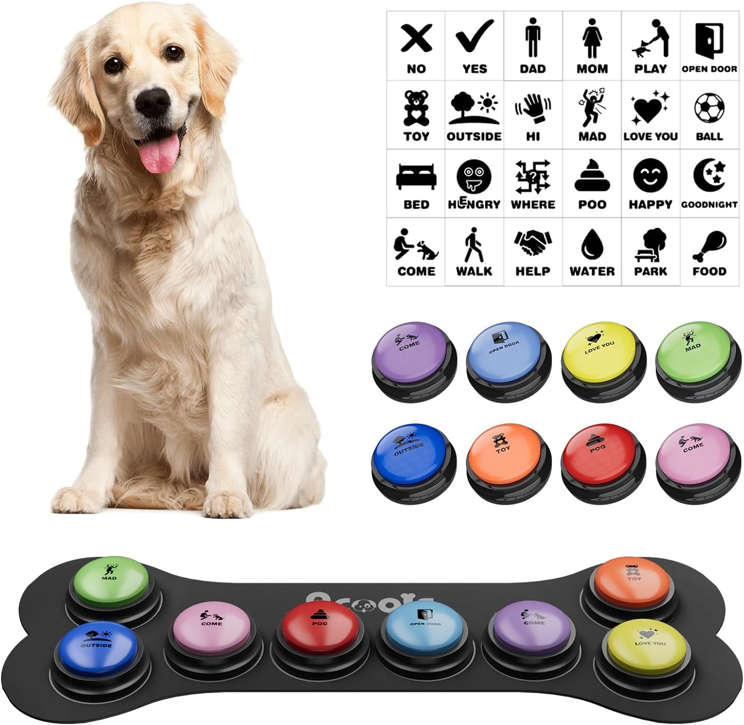 Acools Dog Buttons for Communication — 8-Piece Talking Button Set, 30s Recordable Audio, Waterproof Mat, 48 Stickers