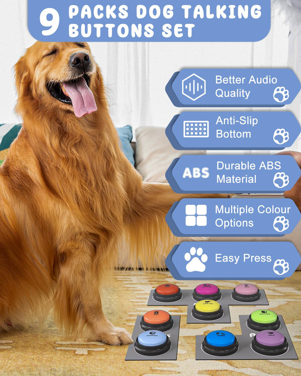 Acools Dog Buttons for Communication – 9-Piece Talking Button Set with Waterproof Mat & 48 Stickers