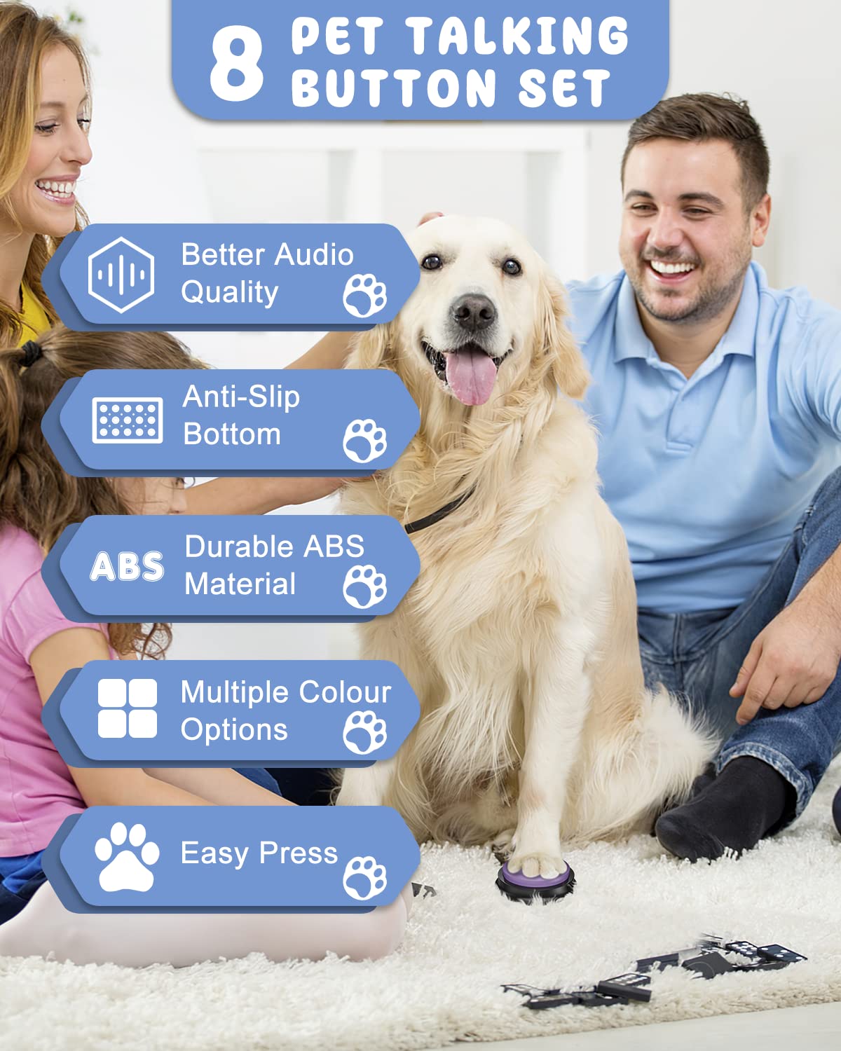 Acools Dog Buttons for Communication — 8-Piece Talking Button Set, 30s Recordable Audio, Waterproof Mat, 48 Stickers