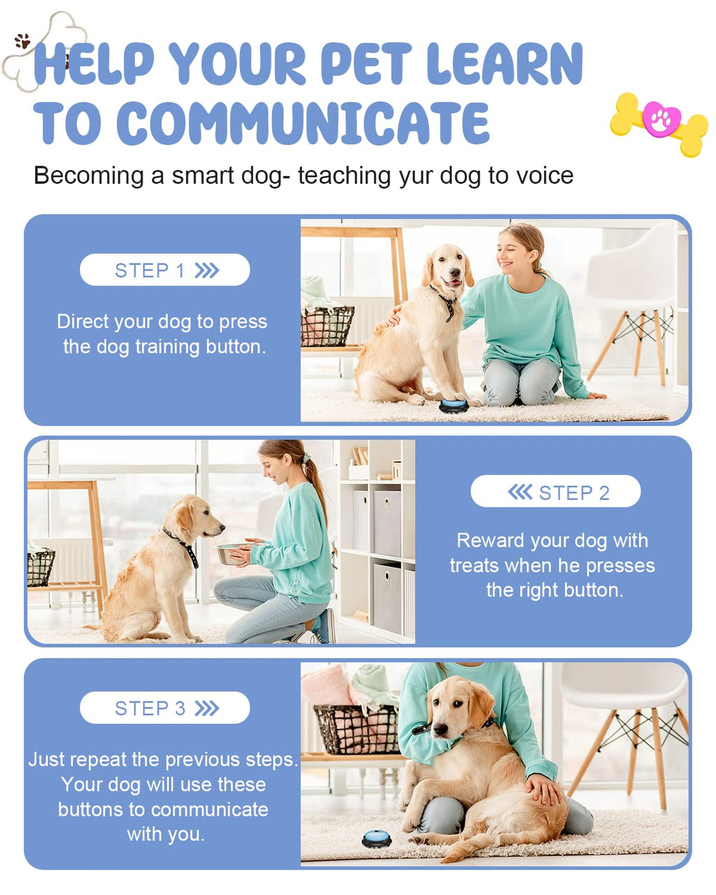 Acools Dog Buttons for Communication — 8-Piece Talking Button Set, 30s Recordable Audio, Waterproof Mat, 48 Stickers