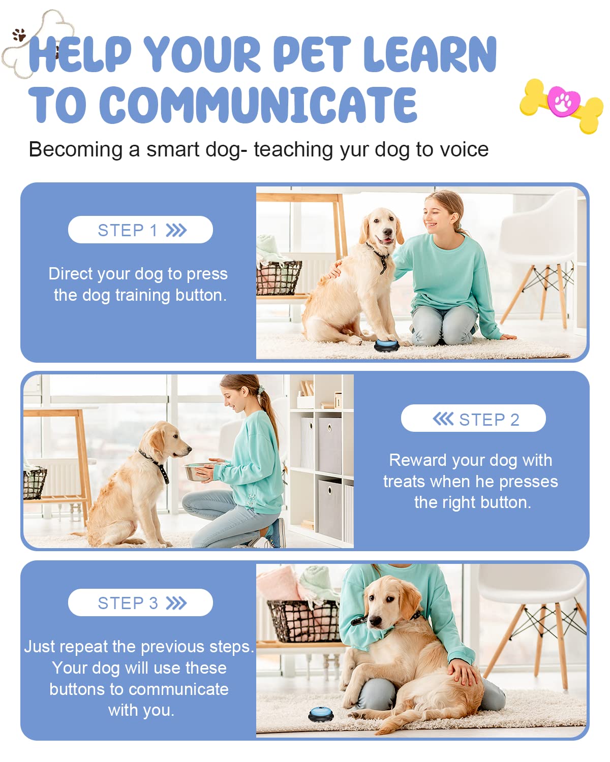 Acools Dog Buttons for Communication — 8-Piece Talking Button Set, 30s Recordable Audio, Waterproof Mat, 48 Stickers