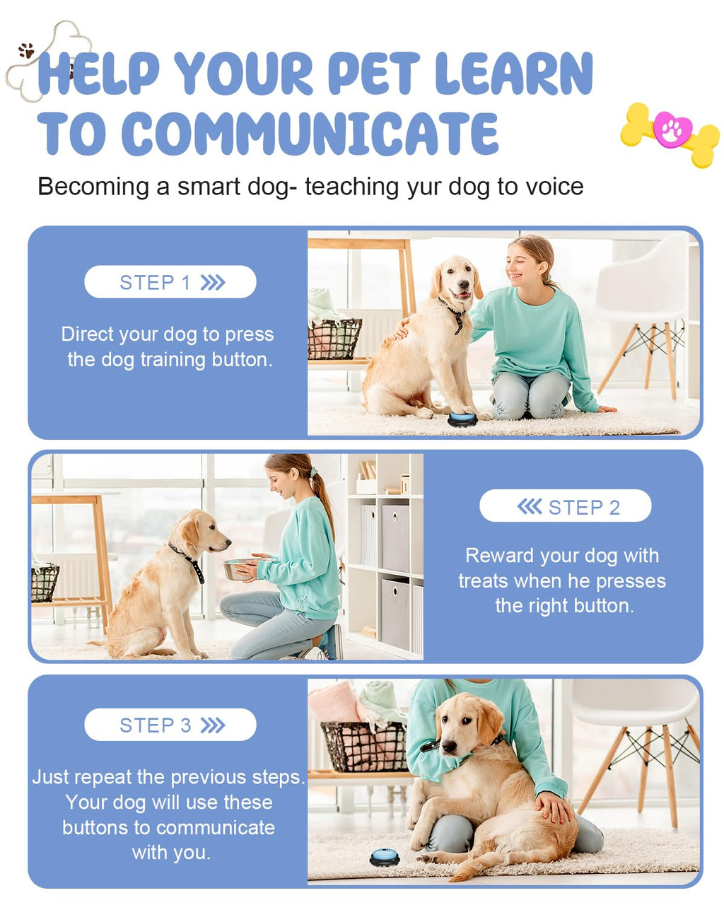Acools Dog Buttons for Communication – 9-Piece Talking Button Set with Waterproof Mat & 48 Stickers