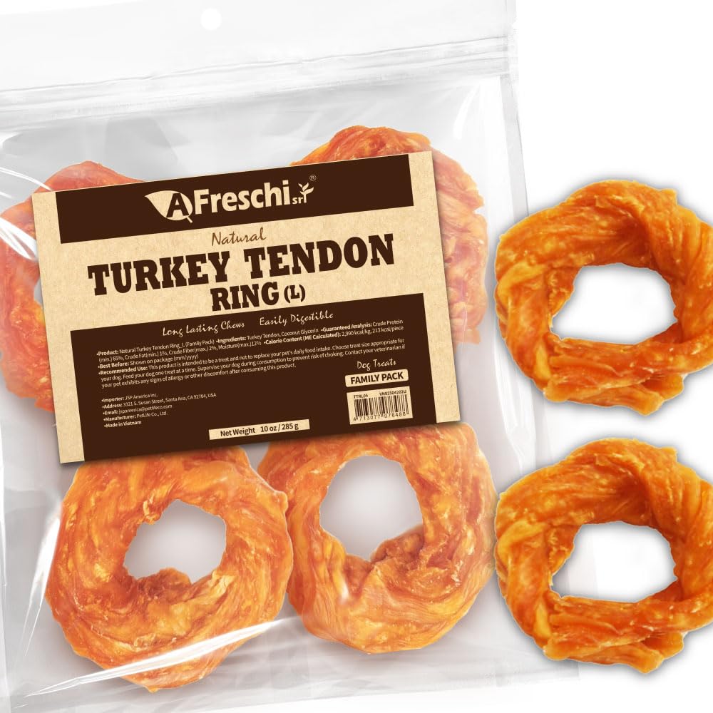 AFreschi Turkey Tendons for Dogs – USA-Sourced, Rawhide-Free Chews for Large Breeds, 10 oz Ring