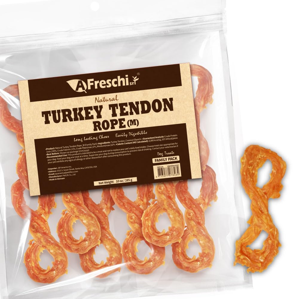 AFreschi Turkey Tendons for Dogs — USA-Sourced, Rawhide-Free Chews for Medium Breeds (10 oz)