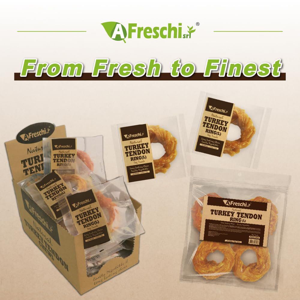 AFreschi Turkey Tendons for Dogs – USA-Sourced, Rawhide-Free Chews for Large Breeds, 10 oz Ring