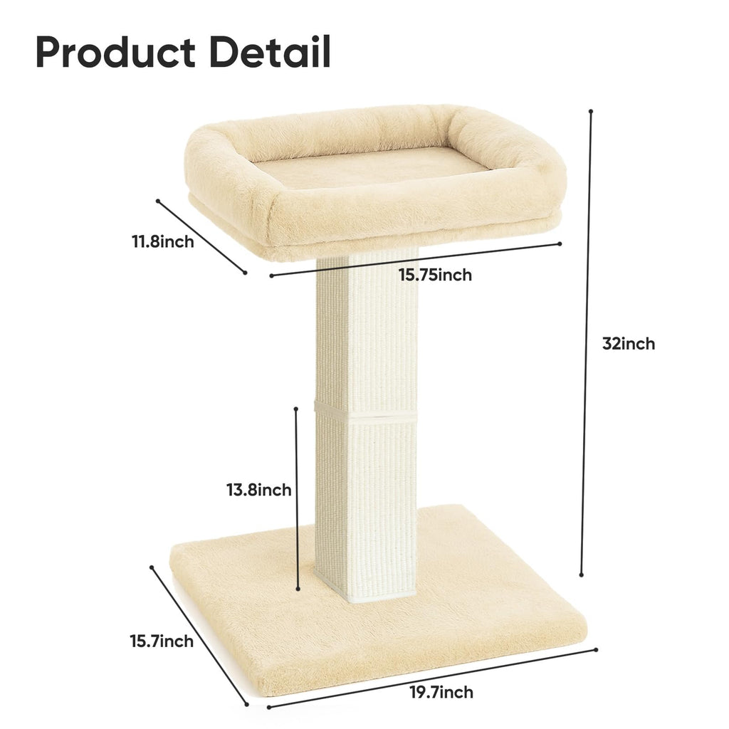 AGYM Cat Scratching Post — 32-Inch Tall with Plush Elevated Bed, Sisal & Carpet, Beige