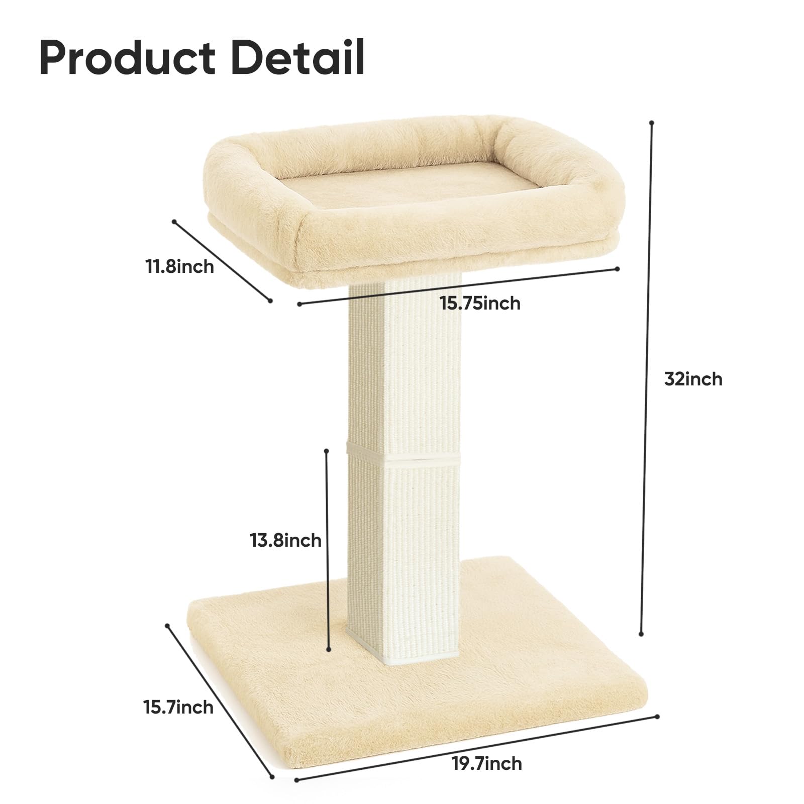 AGYM Cat Scratching Post — 32-Inch Tall with Plush Elevated Bed, Sisal & Carpet, Beige