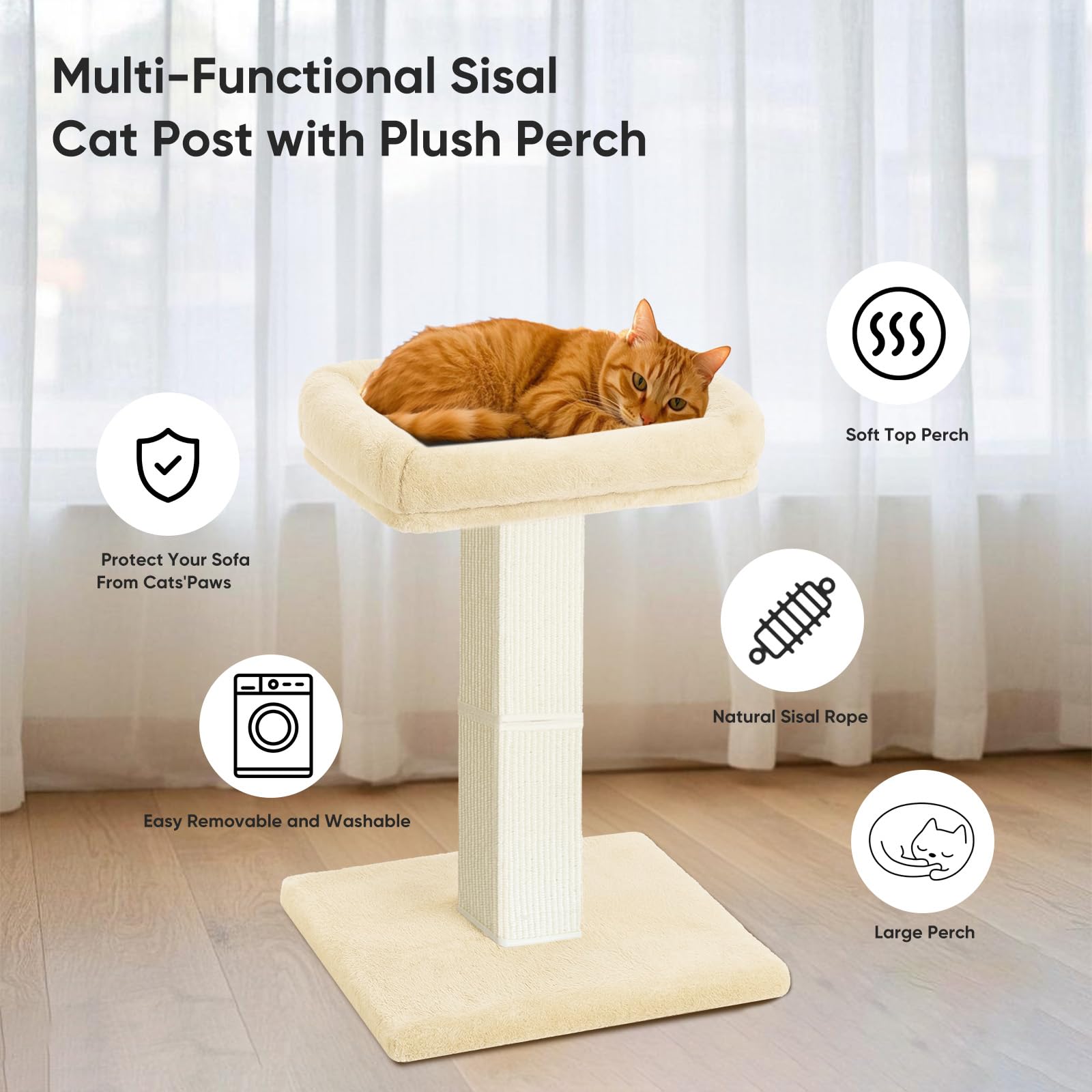 AGYM Cat Scratching Post — 32-Inch Tall with Plush Elevated Bed, Sisal & Carpet, Beige