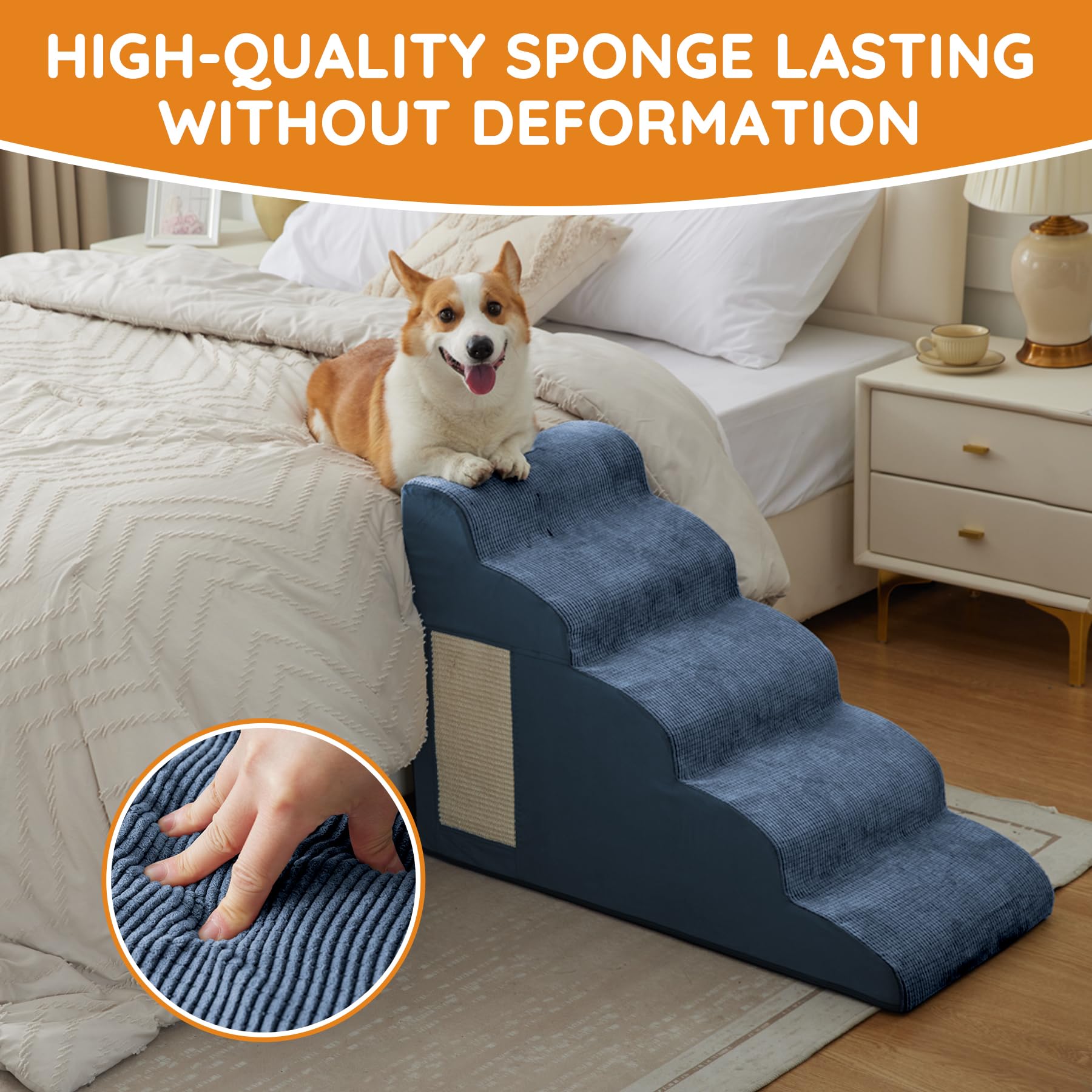 Ahpmeoa Navy Portable Pet Steps - 4-Step Non-Slip Foam Ramp for Bed, Sofa & Chairs