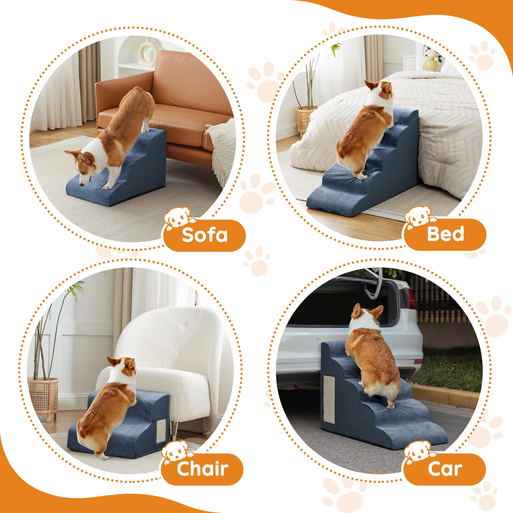Ahpmeoa Navy Portable Pet Steps - 4-Step Non-Slip Foam Ramp for Bed, Sofa & Chairs