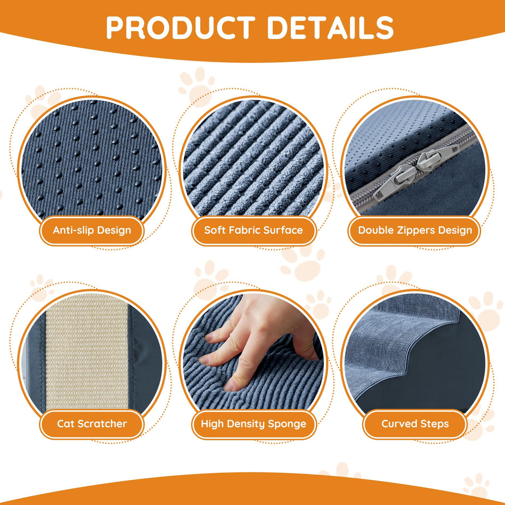 Ahpmeoa Navy Portable Pet Steps - 4-Step Non-Slip Foam Ramp for Bed, Sofa & Chairs