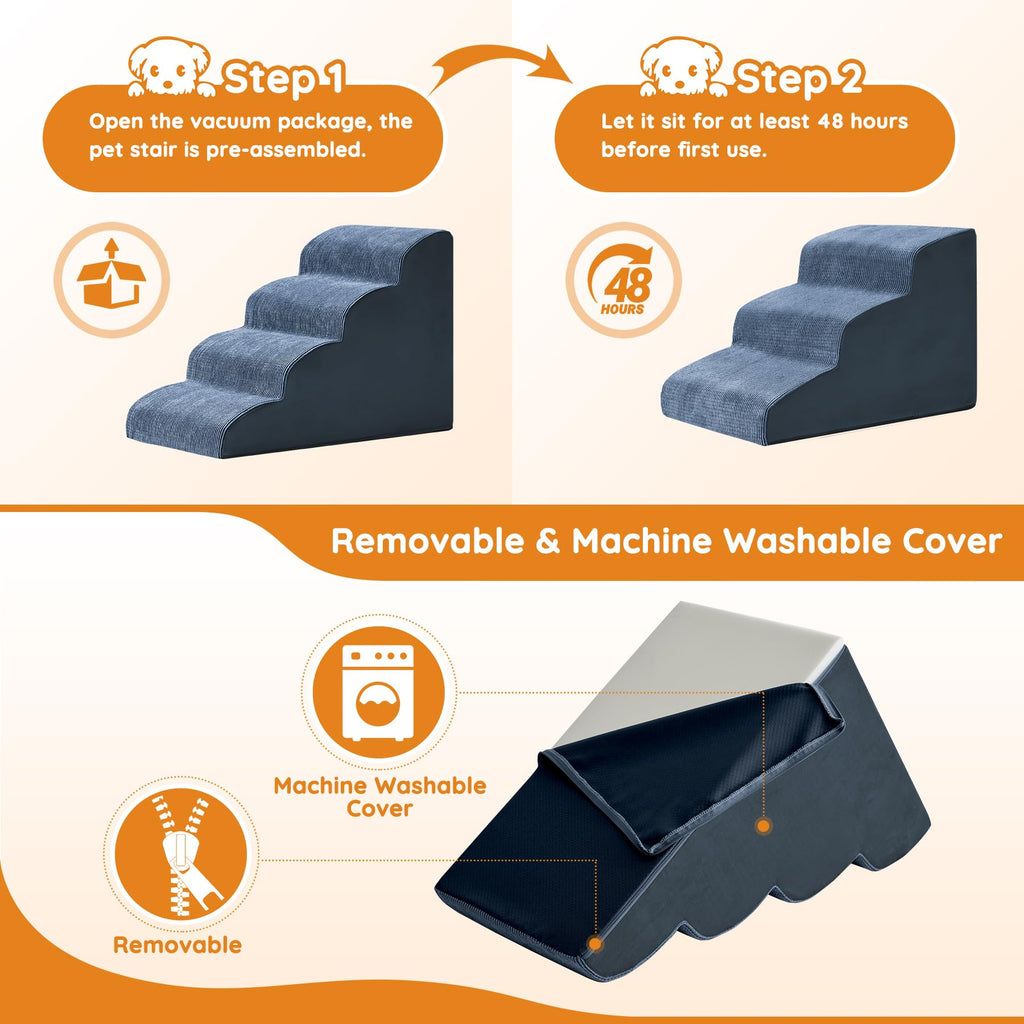 Ahpmeoa Navy Portable Pet Steps - 4-Step Non-Slip Foam Ramp for Bed, Sofa & Chairs