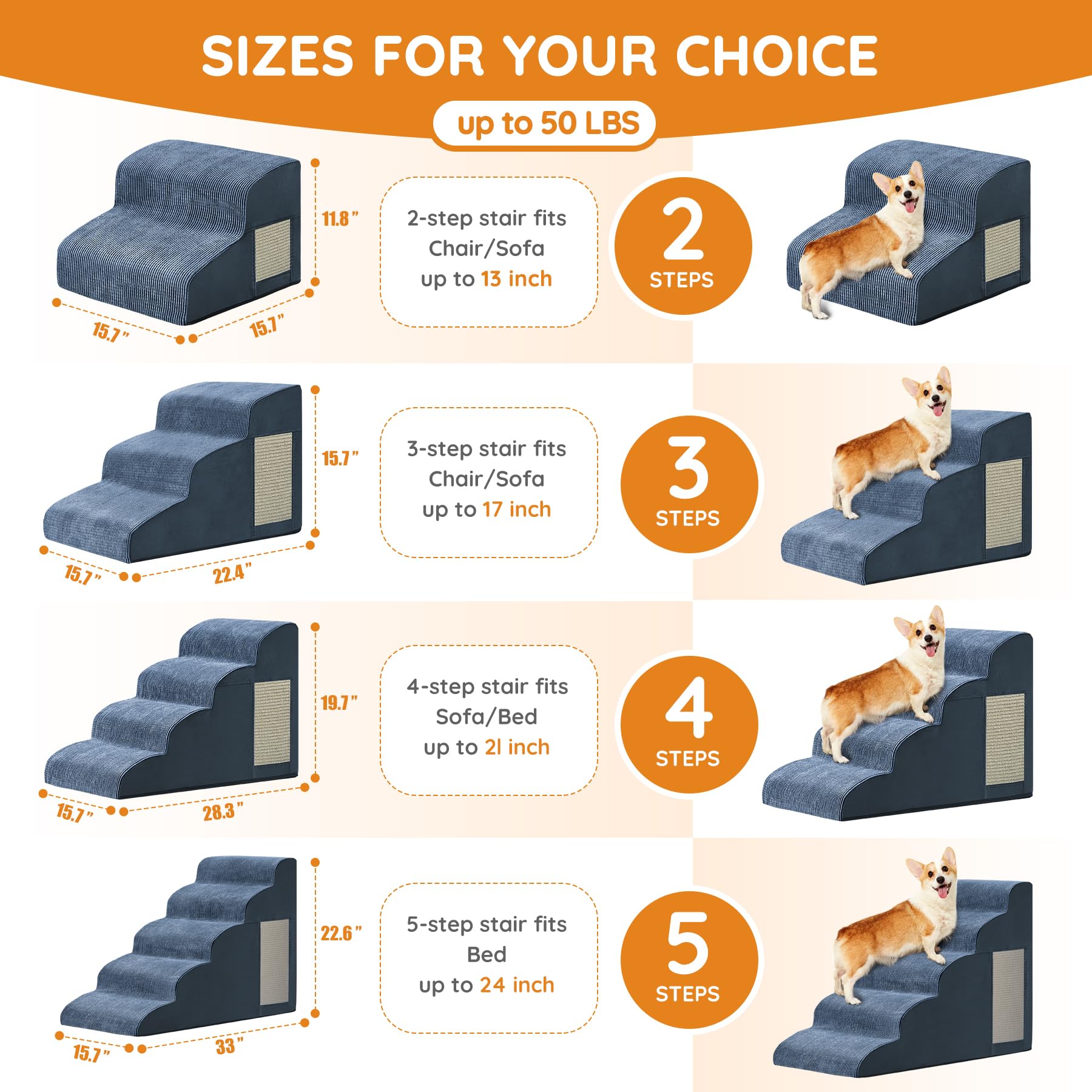 Ahpmeoa Navy Portable Pet Steps - 4-Step Non-Slip Foam Ramp for Bed, Sofa & Chairs