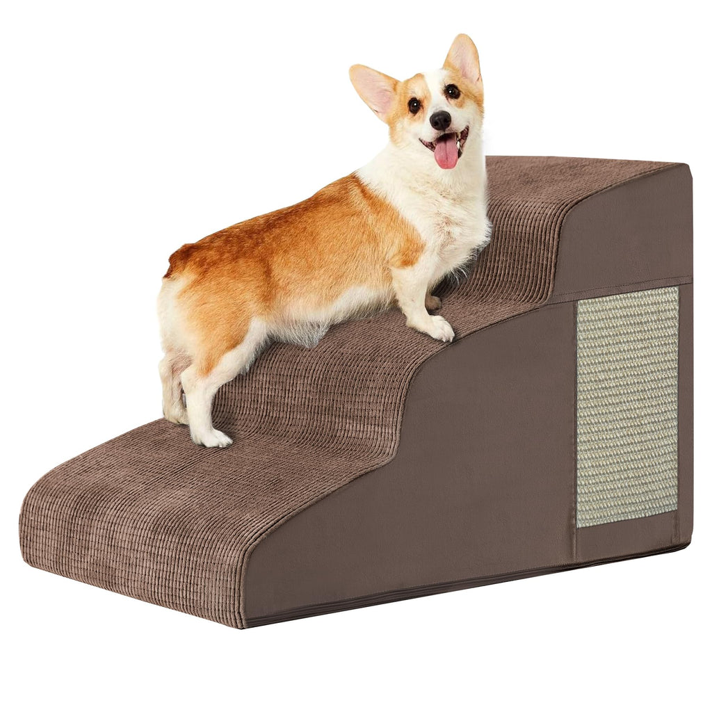 Ahpmeoa Pet Stairs – 2–5 Step Curved Ramp with Non-Slip Bottom & Built-In Scratching Board (Coffee)