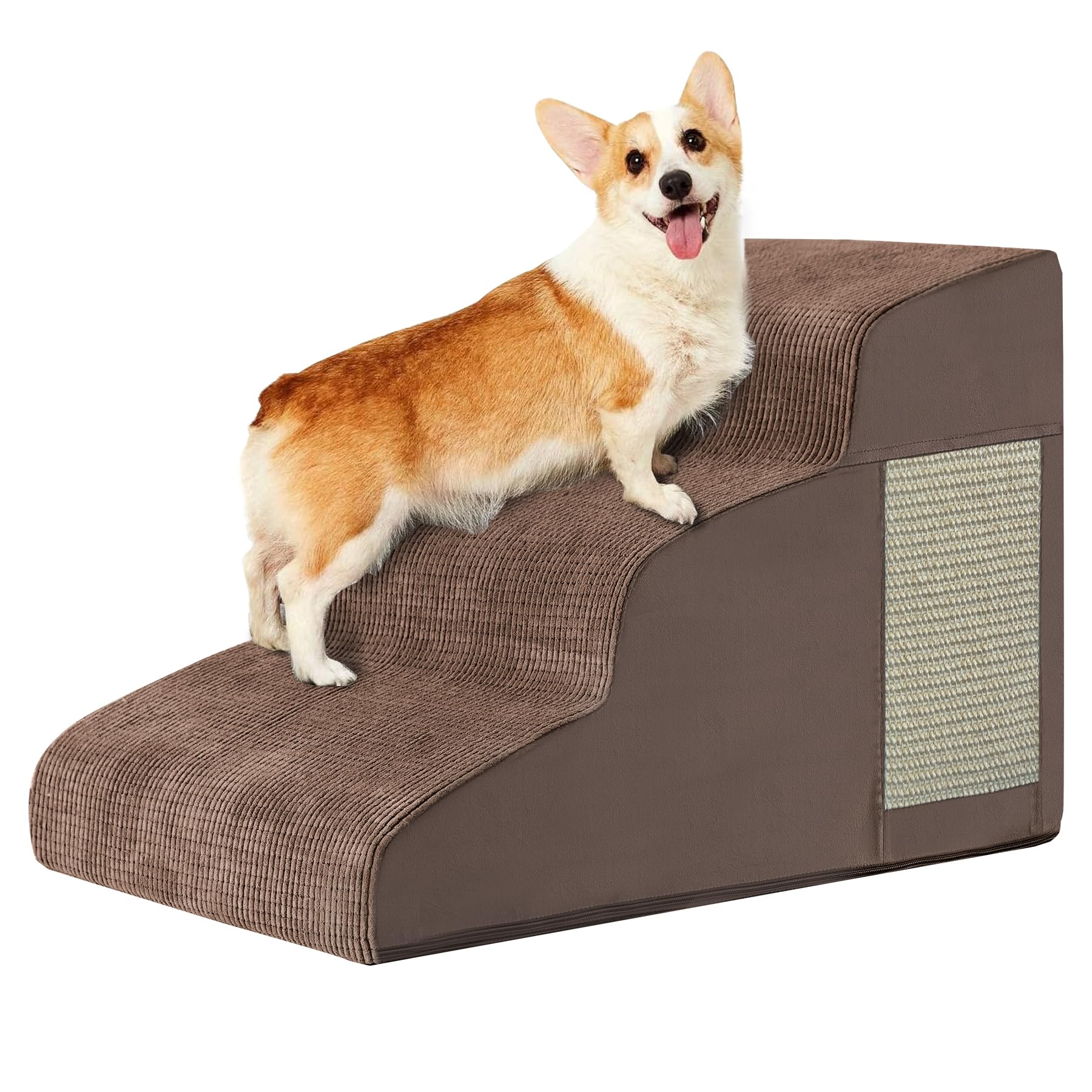 Ahpmeoa Pet Stairs – 2–5 Step Curved Ramp with Non-Slip Bottom & Built-In Scratching Board (Coffee)
