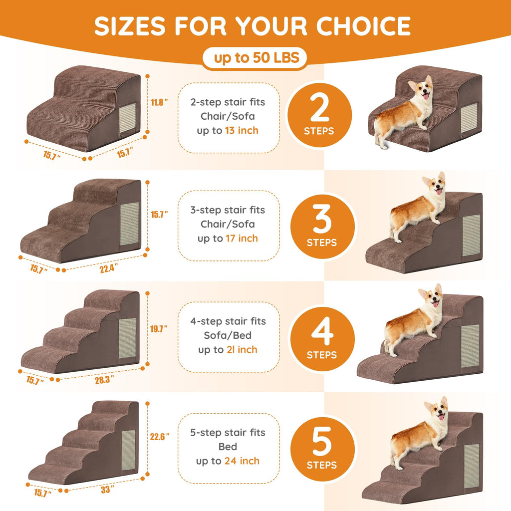 Ahpmeoa Pet Stairs – 2–5 Step Curved Ramp with Non-Slip Bottom & Built-In Scratching Board (Coffee)