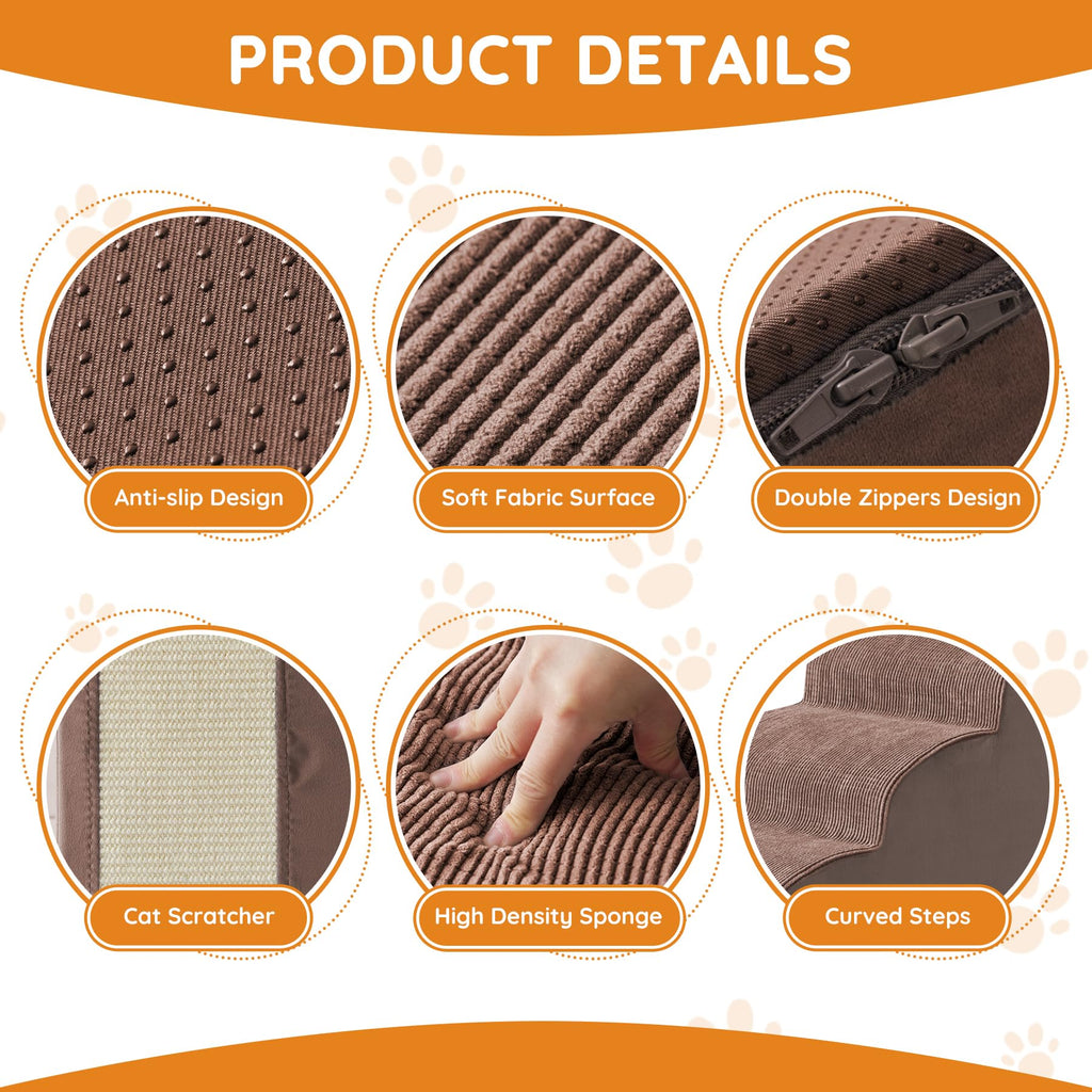 Ahpmeoa Pet Stairs – 2–5 Step Curved Ramp with Non-Slip Bottom & Built-In Scratching Board (Coffee)