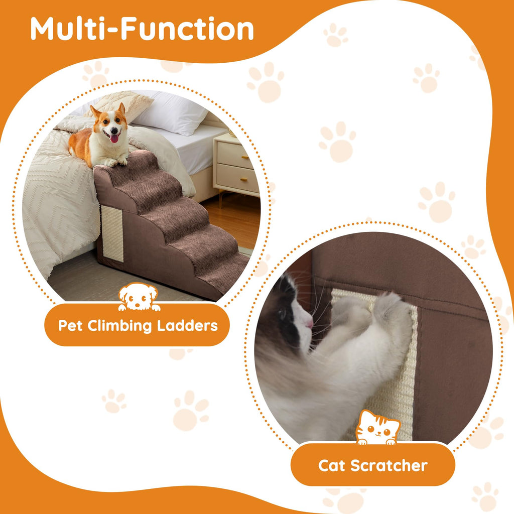 Ahpmeoa Pet Stairs – 2–5 Step Curved Ramp with Non-Slip Bottom & Built-In Scratching Board (Coffee)