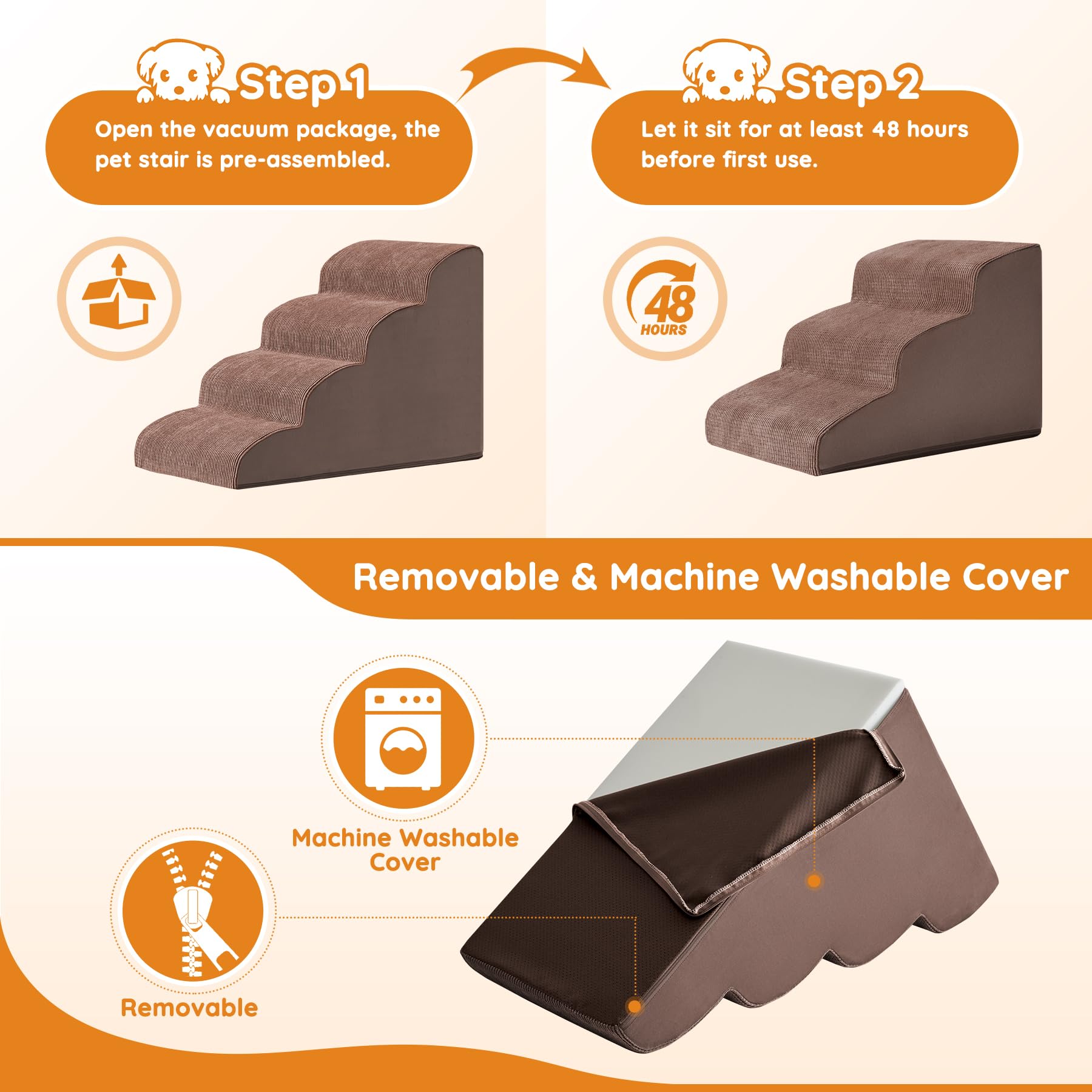 Ahpmeoa Pet Stairs – 2–5 Step Curved Ramp with Non-Slip Bottom & Built-In Scratching Board (Coffee)
