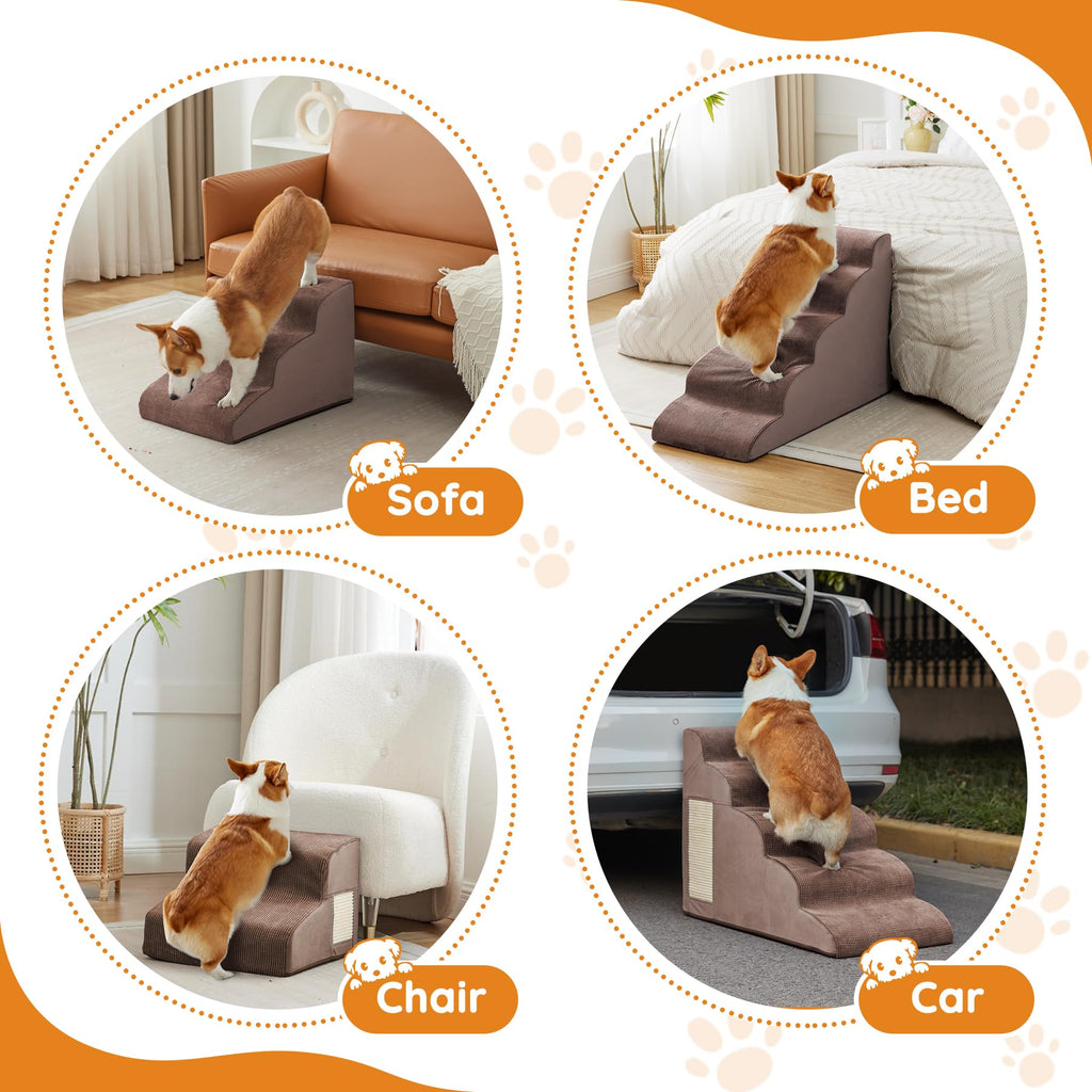 Ahpmeoa Pet Stairs – 2–5 Step Curved Ramp with Non-Slip Bottom & Built-In Scratching Board (Coffee)