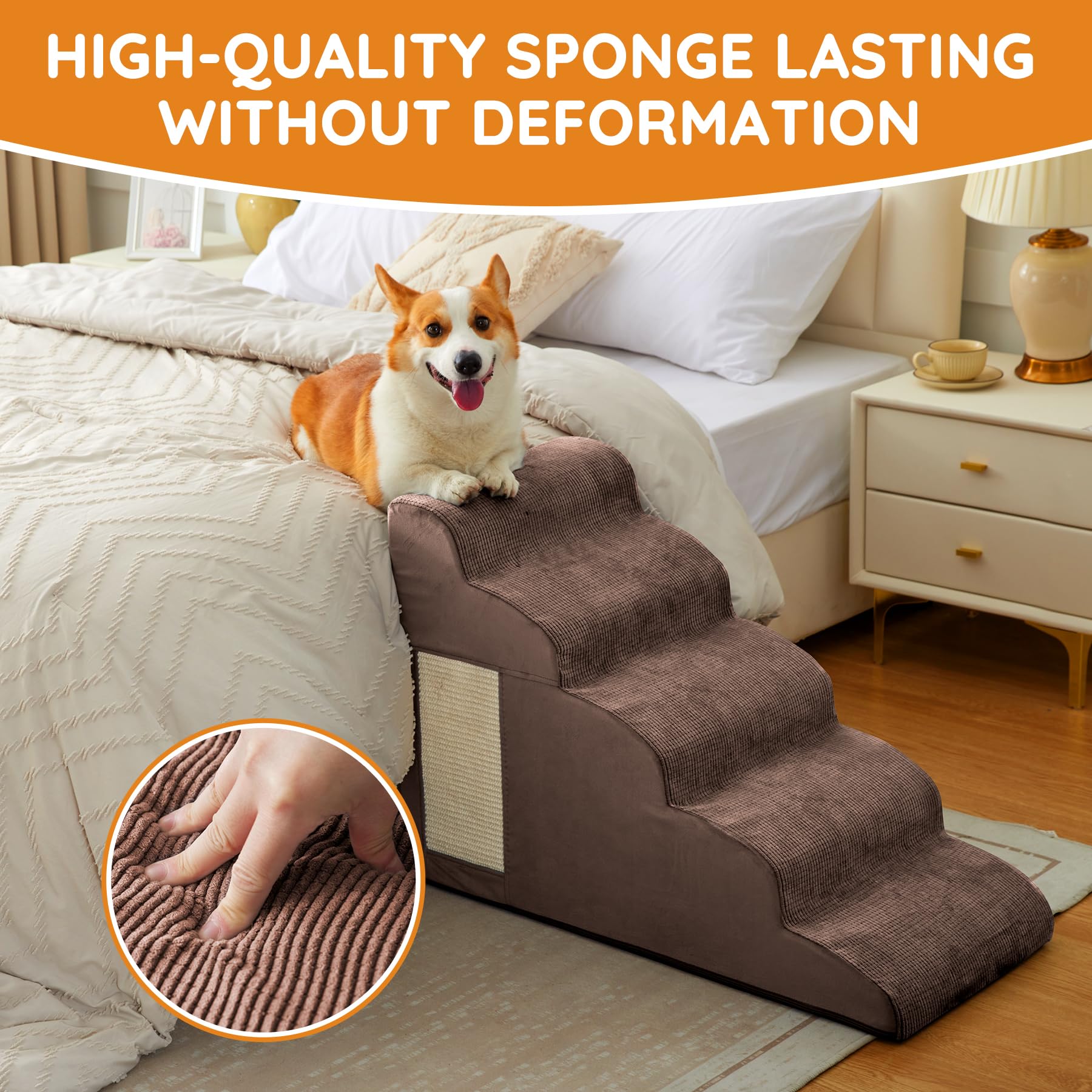 Ahpmeoa Pet Stairs – 2–5 Step Curved Ramp with Non-Slip Bottom & Built-In Scratching Board (Coffee)