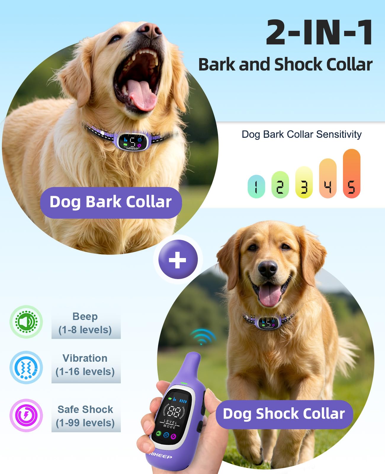 AIKEEP 2-in-1 Dog Shock & Bark Collar | 3300ft Remote, IP67 Waterproof, 8-120 lbs