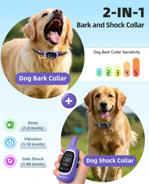 AIKEEP 2-in-1 Dog Shock & Bark Collar | 3300ft Remote, IP67 Waterproof, 8-120 lbs
