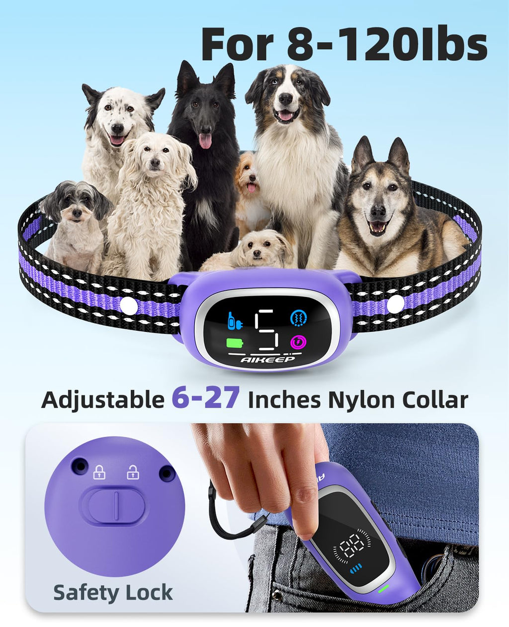 AIKEEP 2-in-1 Dog Shock & Bark Collar | 3300ft Remote, IP67 Waterproof, 8-120 lbs