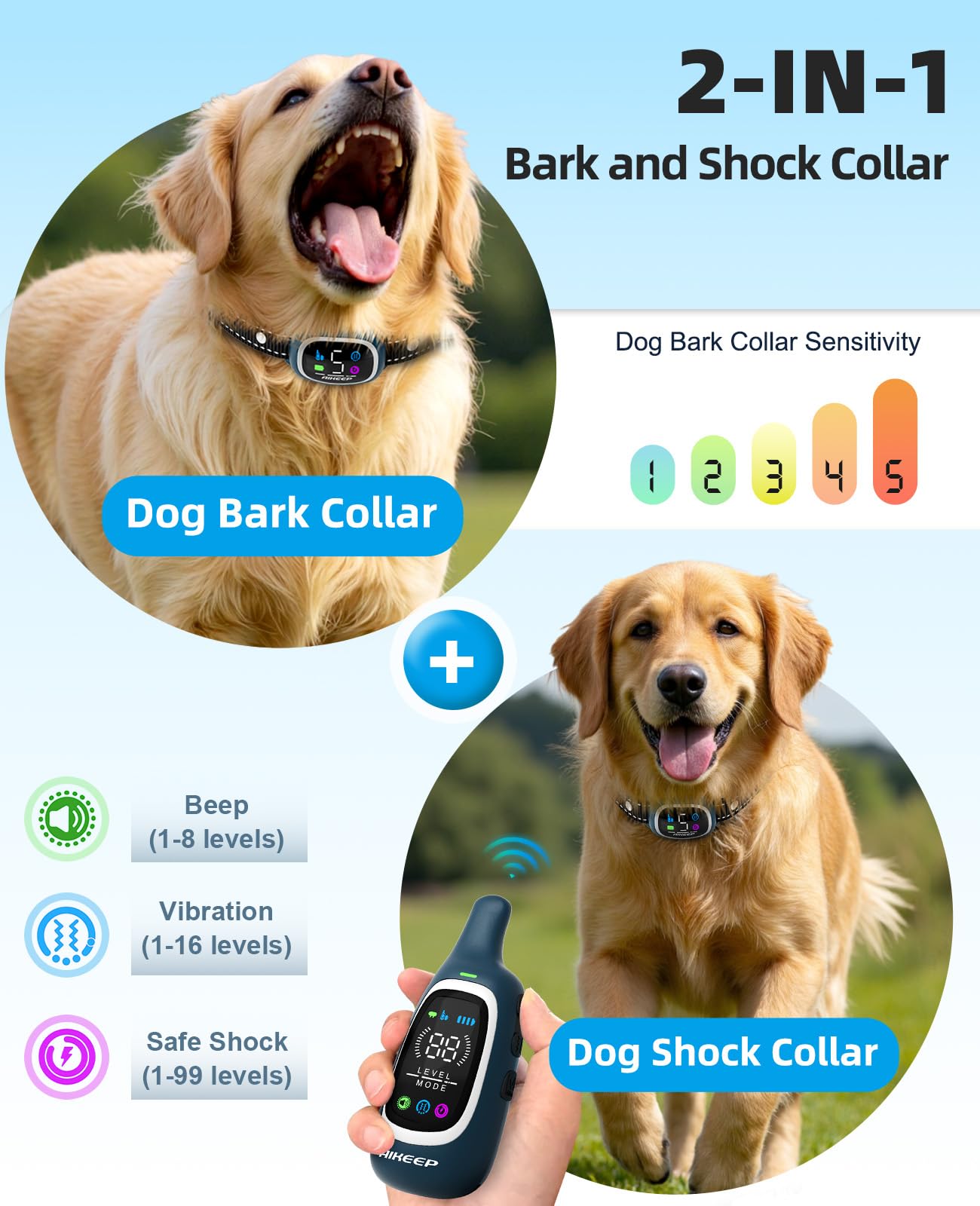 AIKEEP 2-in-1 Dog Shock & Bark Collar with 3300ft Remote | IP67 Waterproof