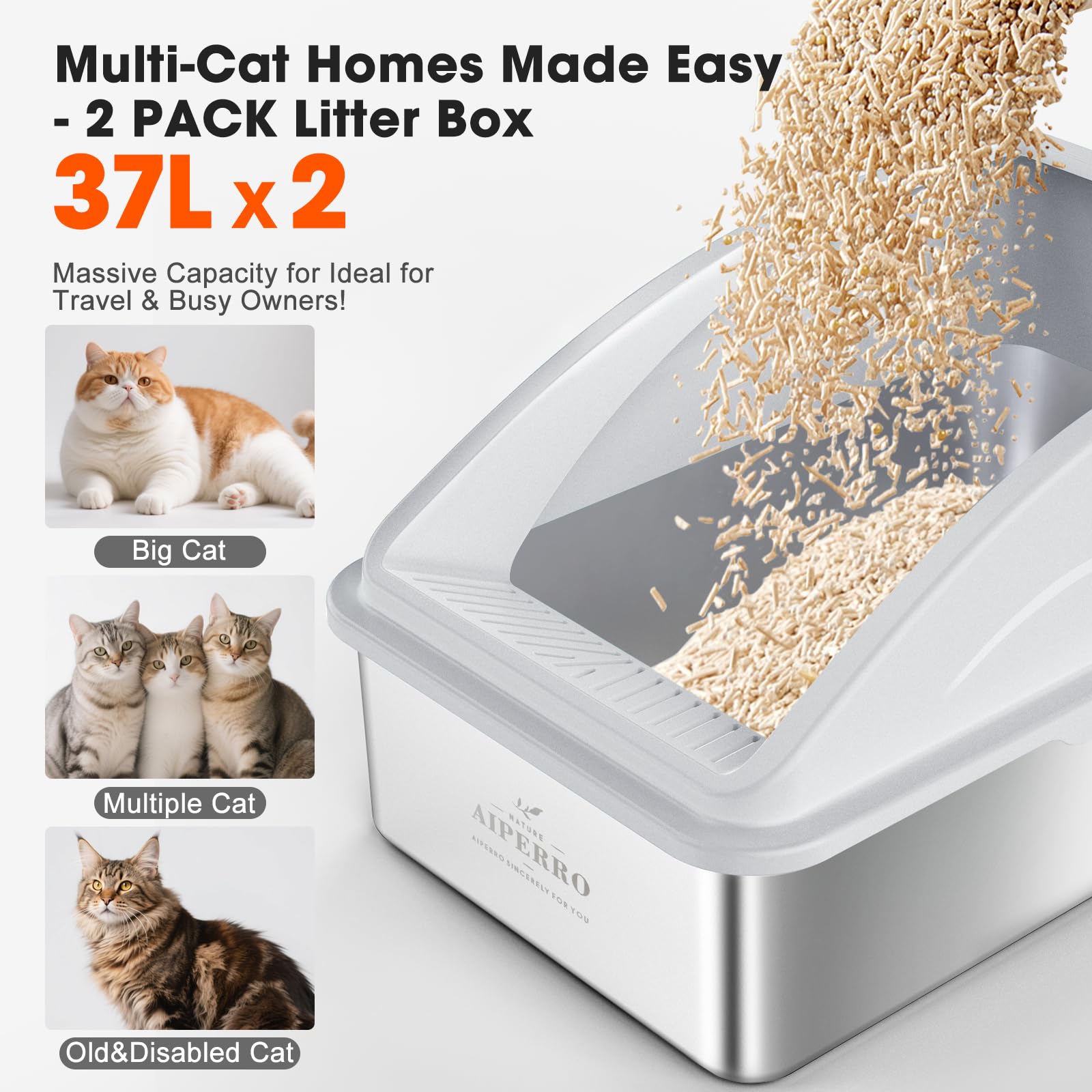 AIPERRO 2 Pack Stainless Steel Litter Box – XL Enclosed Litter Boxes with Lid for Big Cats & Multi-Cats | High Sides & Anti-Leakage