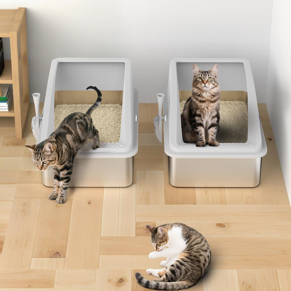 AIPERRO 2 Pack Stainless Steel Litter Box – XL Enclosed Litter Boxes with Lid for Big Cats & Multi-Cats | High Sides & Anti-Leakage
