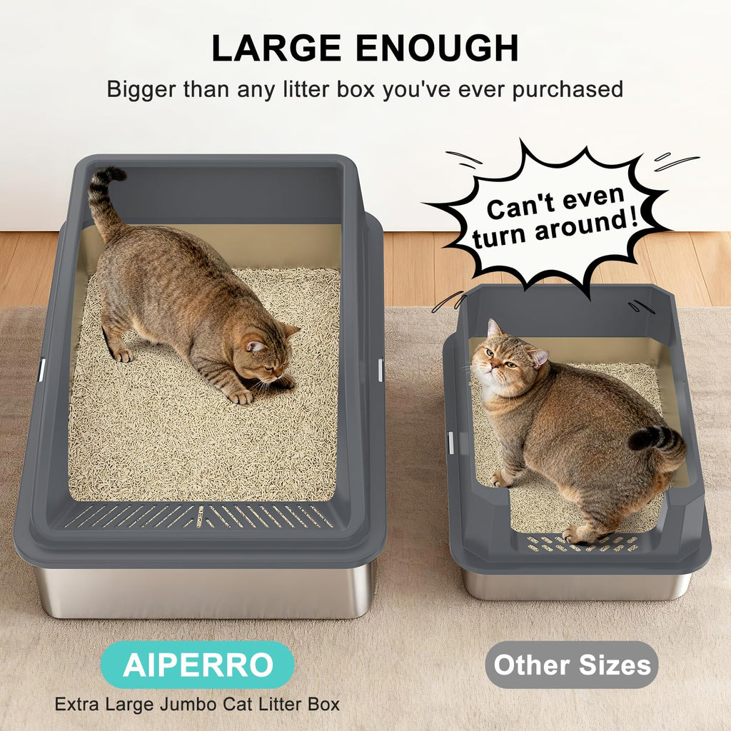 AIPERRO Extra Large Stainless Steel Litter Box for Big Cats & Multi-Cat Homes | Leak-Proof, Non-Stick, Includes Litter Scoop