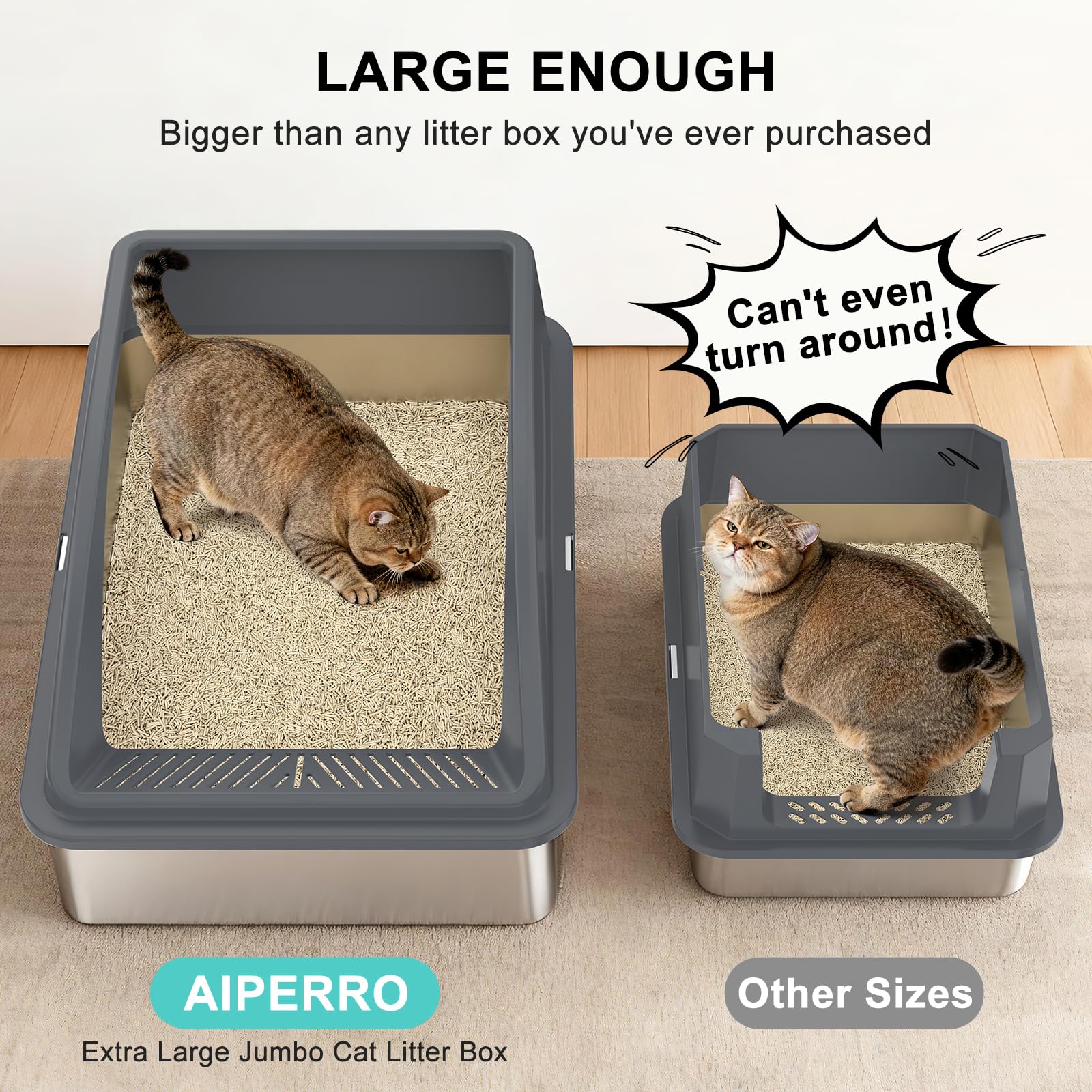 AIPERRO Extra Large Stainless Steel Litter Box for Big Cats & Multi-Cat Homes | Leak-Proof, Non-Stick, Includes Litter Scoop