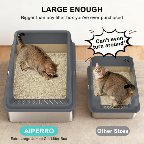 AIPERRO Extra Large Stainless Steel Litter Box for Big Cats & Multi-Cat Homes | Leak-Proof, Non-Stick, Includes Litter Scoop