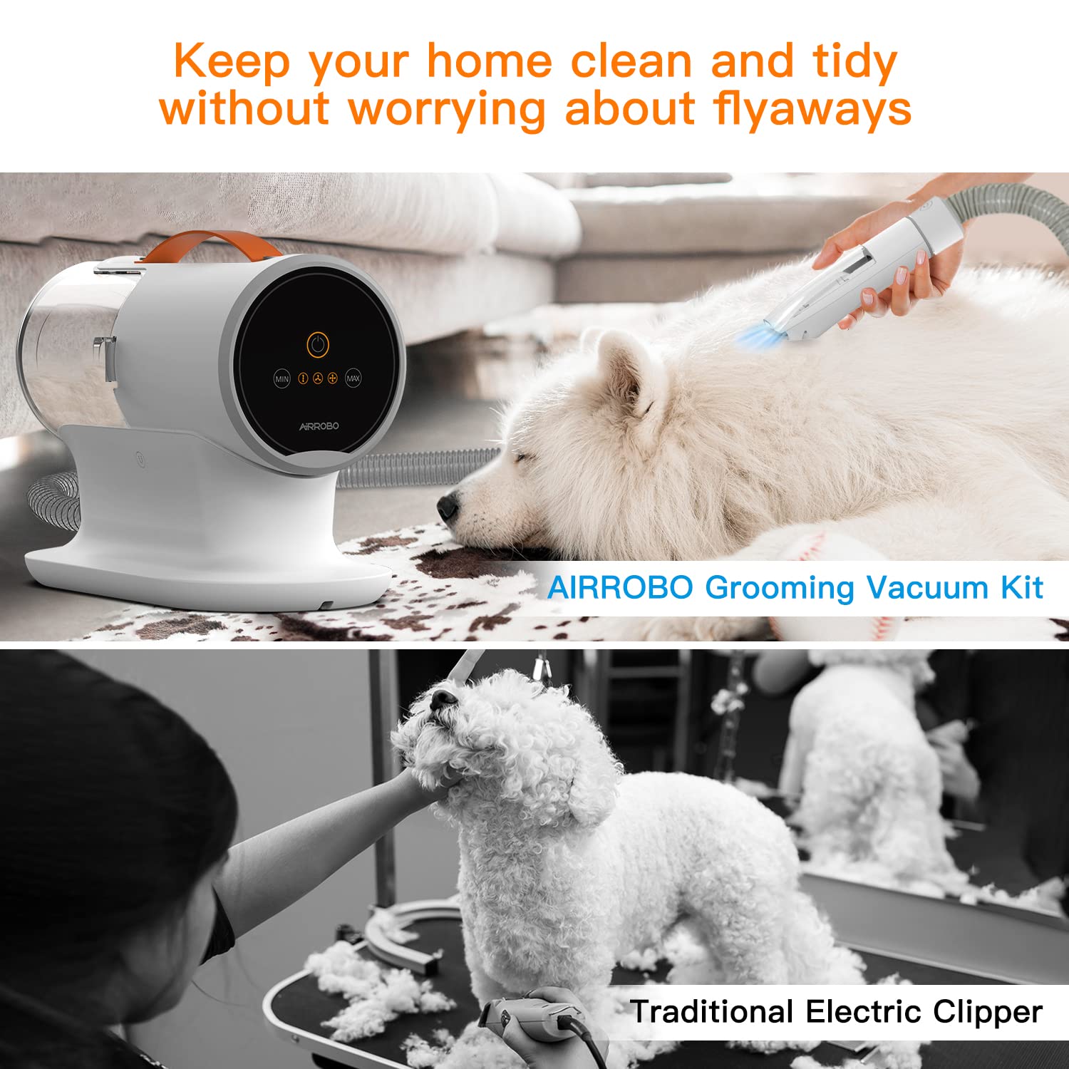 AIRROBO Dog Grooming Vacuum Kit – 12000Pa Suction, Quiet Grooming Vacuum, 2L Dust Cup, 5-in-1 Kit
