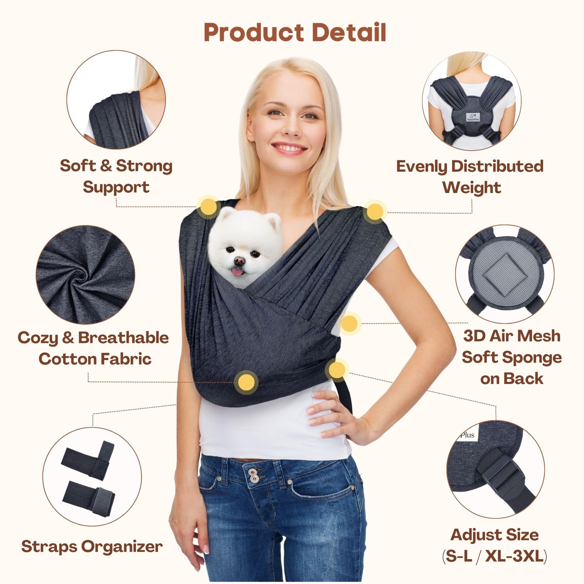 AnccoPlus Front-Facing Dog Carrier Sling for Small Dogs – Hands-Free, Adjustable, Soft Cotton