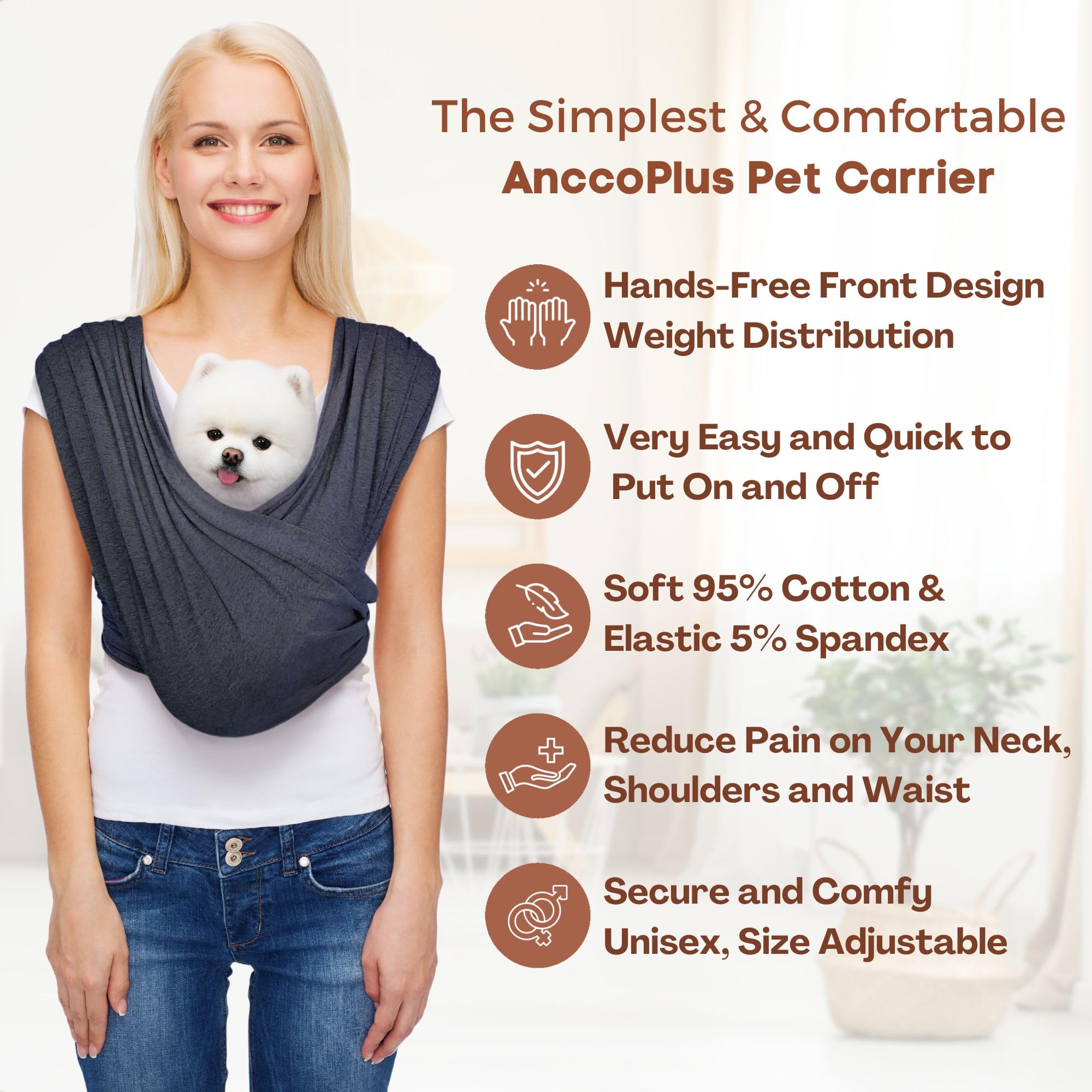 AnccoPlus Front-Facing Dog Carrier Sling for Small Dogs – Hands-Free, Adjustable, Soft Cotton