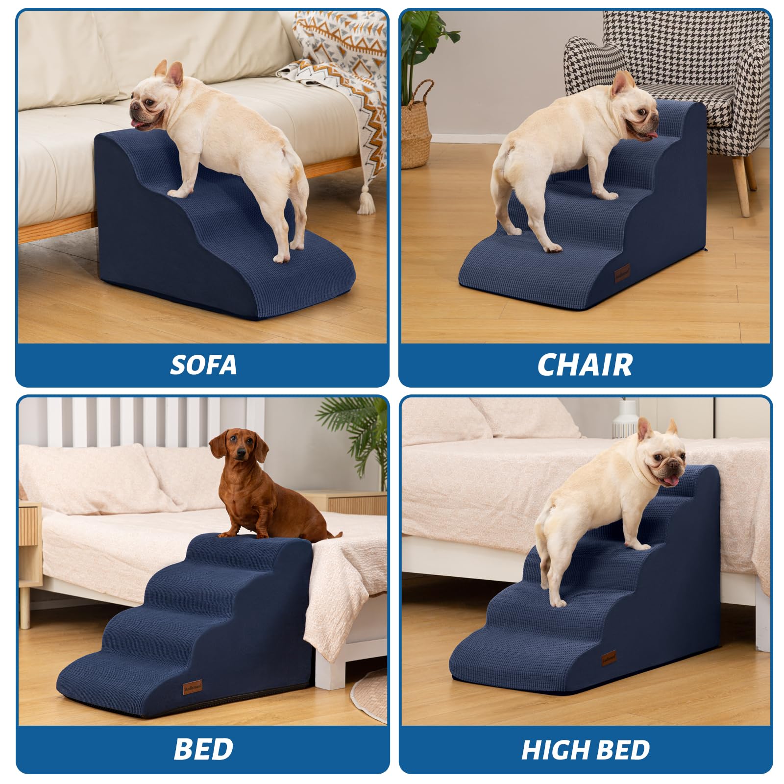 Aodisman 4-Step Dog Stairs and Ramp for Beds or Couches – Non-Slip, 17.4 in Blue