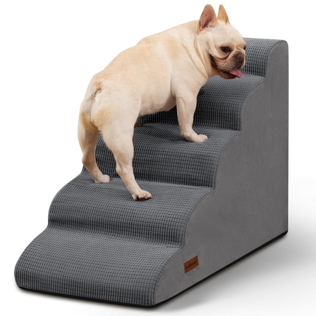 Aodisman 5-Step Dog Stairs & Ramp for High Beds | Non-Slip, Grey