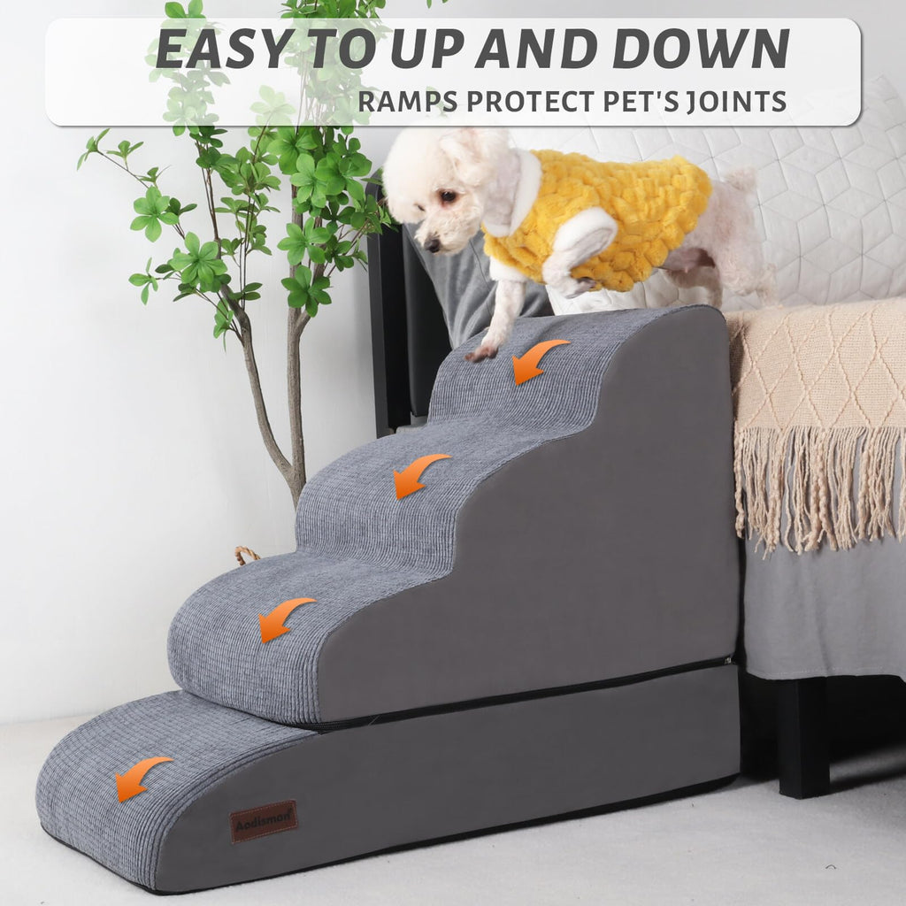 Aodisman 4-Step Dog Stairs & Ramp for Beds or Couches – 21" Grey Non-Slip Pet Steps
