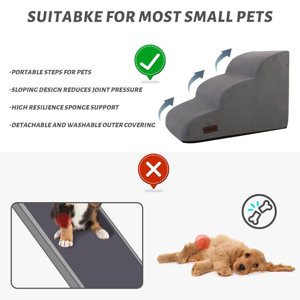 Aodisman 3-Step Dog Ramp and Stairs for Sofa (Grey, 15.7" H) – Non-Slip Pet Steps