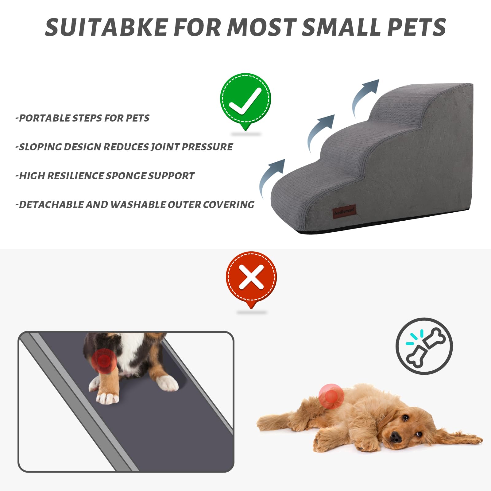 Aodisman 3-Step Dog Ramp and Stairs for Sofa (Grey, 15.7" H) – Non-Slip Pet Steps
